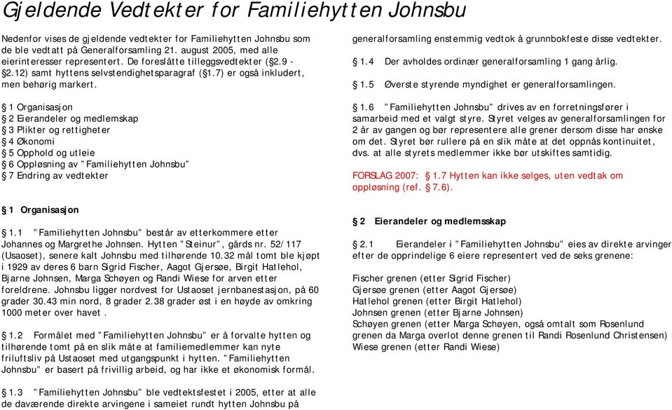 1 Organisasjon 2 Eierandeler og medlemskap 3 Plikter og rettigheter 4 Økonomi 5 Opphold og utleie 6 Oppløsning av Familiehytten Johnsbu 7 Endring av vedtekter 1 Organisasjon 1.