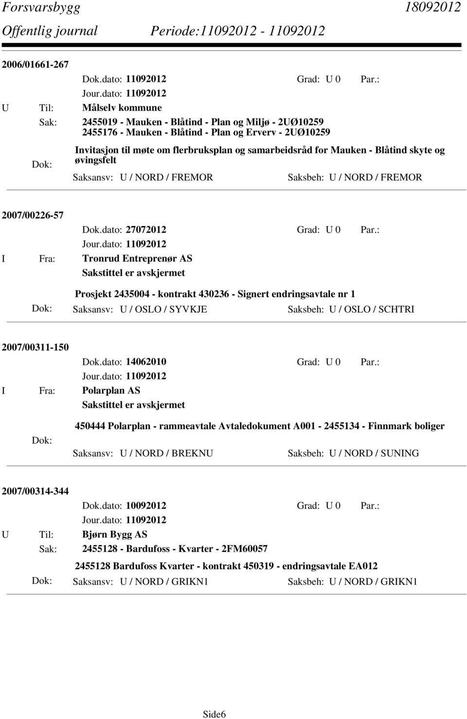 Mauken - Blåtind skyte og øvingsfelt Saksansv: U / NORD / FREMOR Saksbeh: U / NORD / FREMOR 2007/00226-57 Dok.dato: 27072012 Grad: U 0 Par.