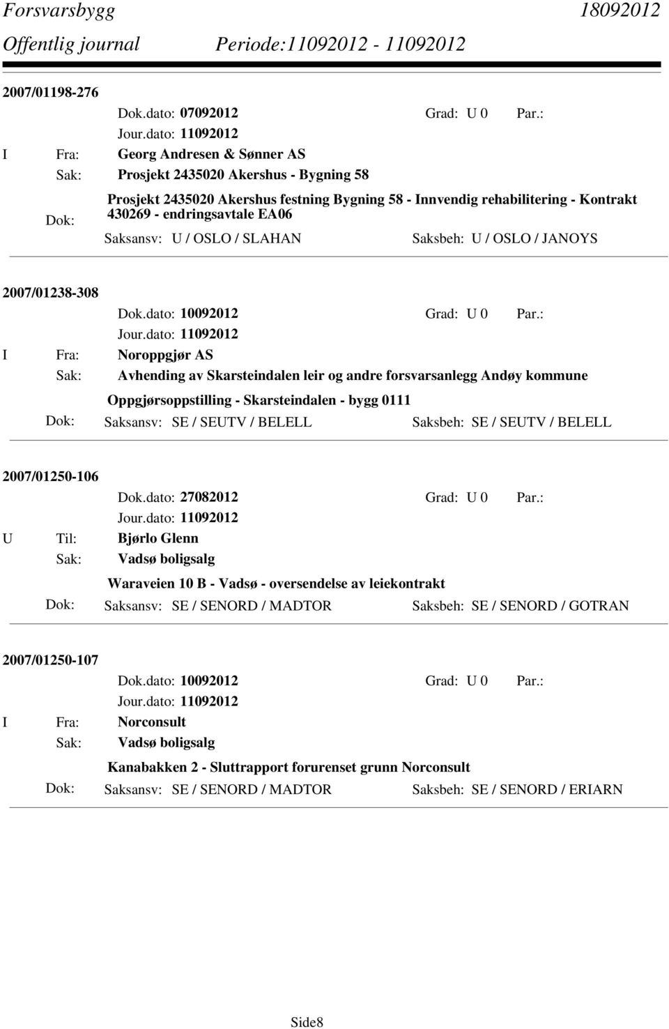 Saksansv: U / OSLO / SLAHAN Saksbeh: U / OSLO / JANOYS 2007/01238-308 Dok.dato: 10092012 Grad: U 0 Par.