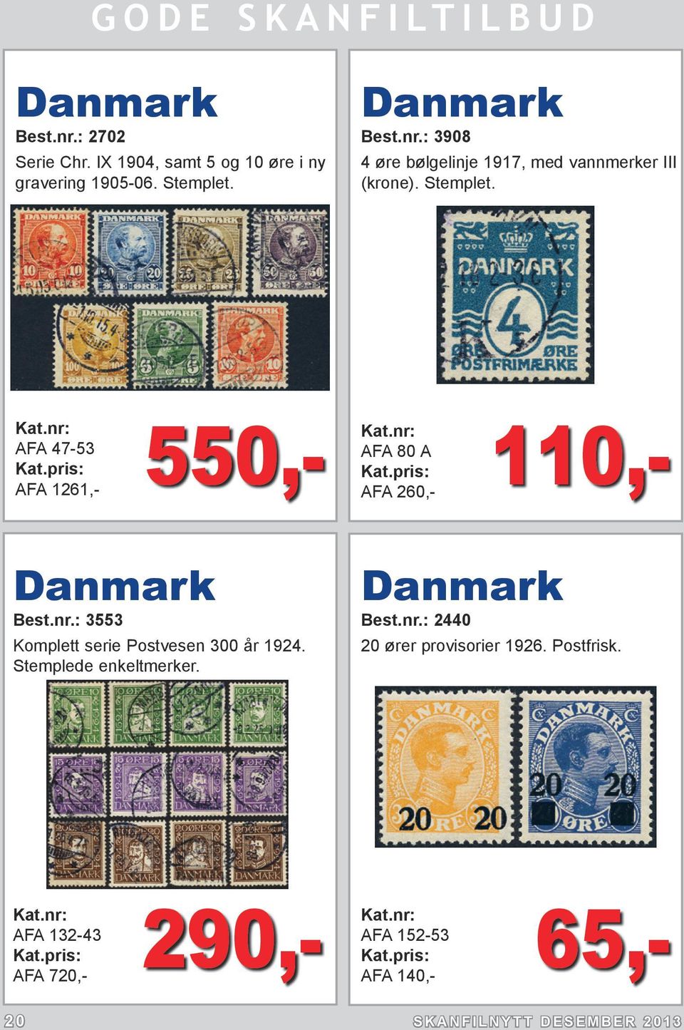 : 3553 Komplett serie Postvesen 300 år 1924. Stemplede enkeltmerker. Danmark Best.nr.