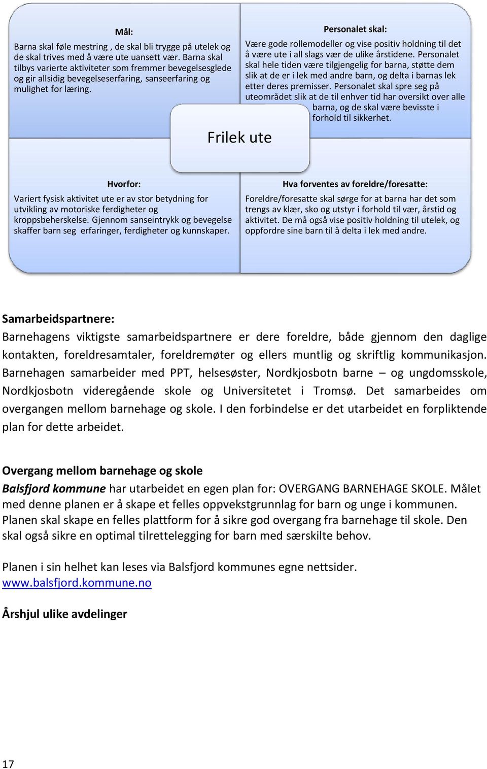 Frilek ute Personalet skal: Være gode rollemodeller og vise positiv holdning til det å være ute i all slags vær de ulike årstidene.