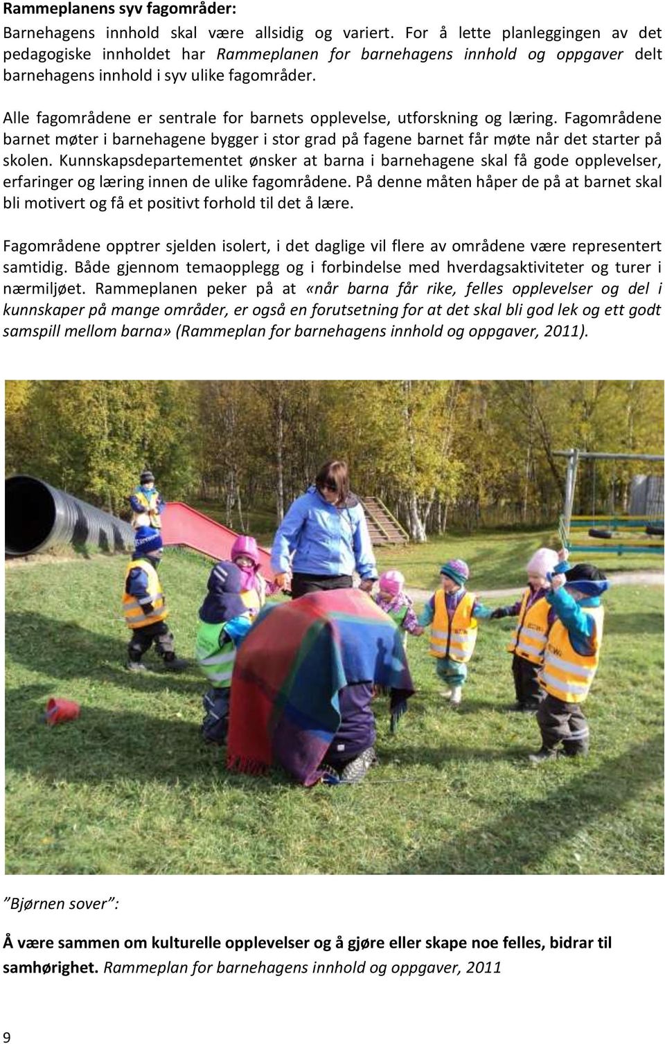 Alle fagområdene er sentrale for barnets opplevelse, utforskning og læring. Fagområdene barnet møter i barnehagene bygger i stor grad på fagene barnet får møte når det starter på skolen.