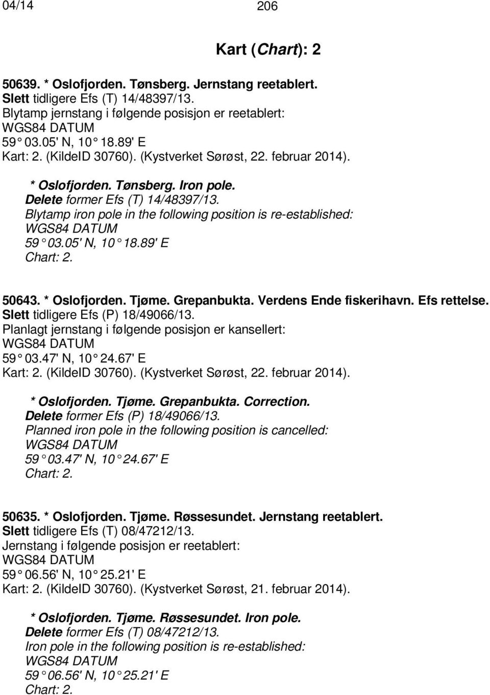 05' N, 10 18.89' E Chart: 2. 50643. * Oslofjorden. Tjøme. Grepanbukta. Verdens Ende fiskerihavn. Efs rettelse. Slett tidligere Efs (P) 18/49066/13.