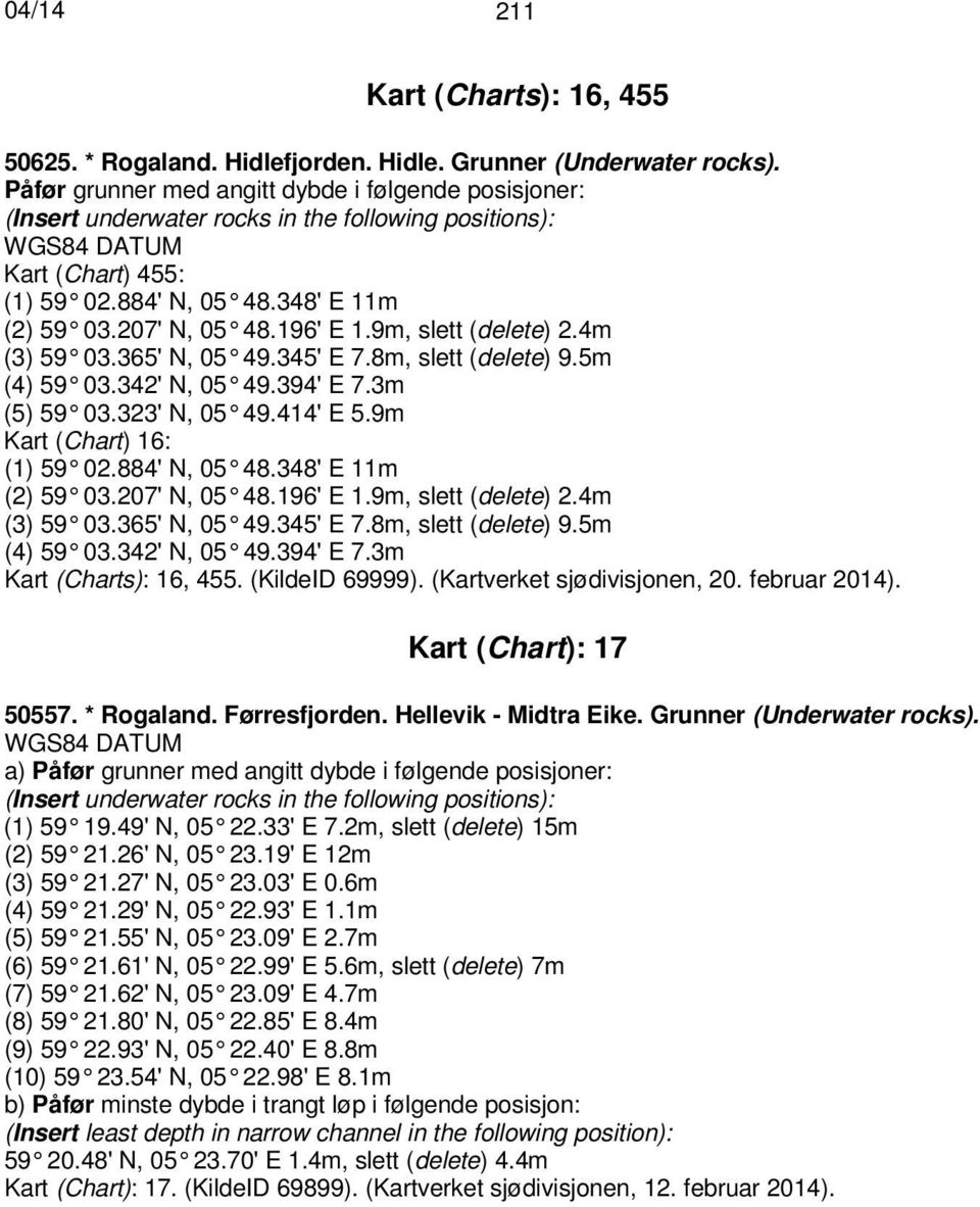 9m, slett (delete) 2.4m (3) 59 03.365' N, 05 49.345' E 7.8m, slett (delete) 9.5m (4) 59 03.342' N, 05 49.394' E 7.3m (5) 59 03.323' N, 05 49.414' E 5.9m Kart (Chart) 16: (1) 59 02.884' N, 05 48.