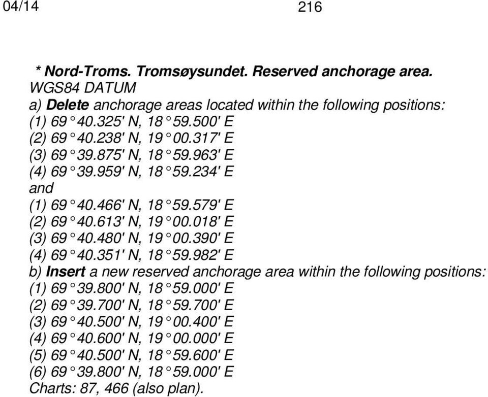 480' N, 19 00.390' E (4) 69 40.351' N, 18 59.982' E b) Insert a new reserved anchorage area within the following positions: (1) 69 39.800' N, 18 59.000' E (2) 69 39.
