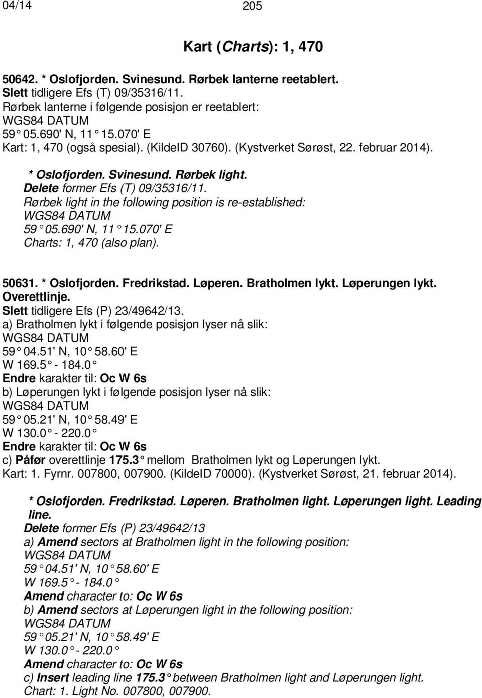 Rørbek light in the following position is re-established: 59 05.690' N, 11 15.070' E Charts: 1, 470 (also plan). 50631. * Oslofjorden. Fredrikstad. Løperen. Bratholmen lykt. Løperungen lykt.