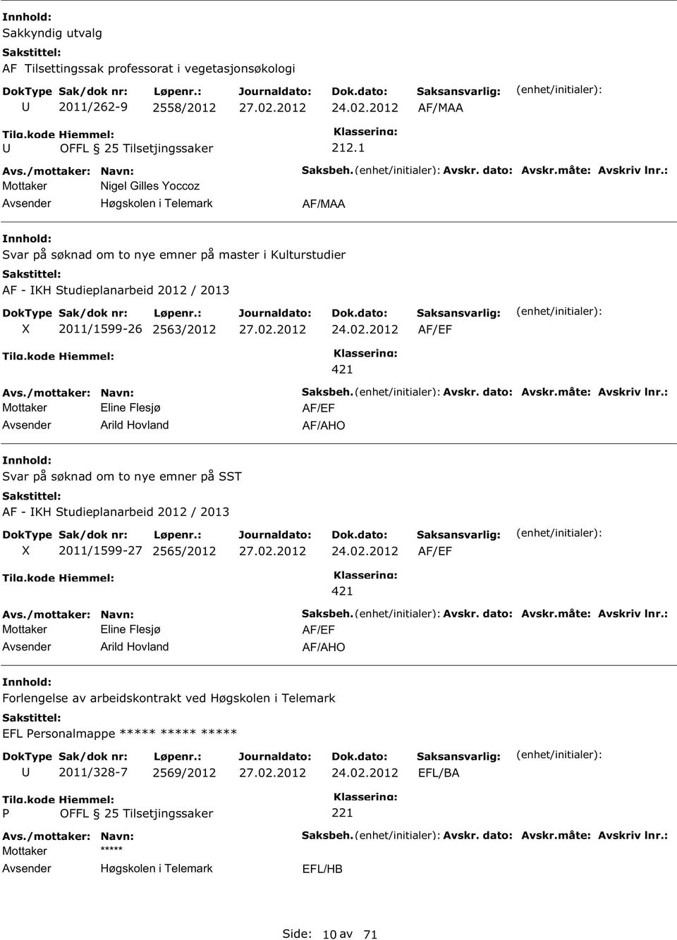 2012 AF/EF Mottaker Eline Flesjø Arild Hovland 421 AF/EF AF/AHO var på søknad om to nye emner på T AF - KH tudieplanarbeid 2012 / 2013 2011/1599-27 2565/2012 24.02.