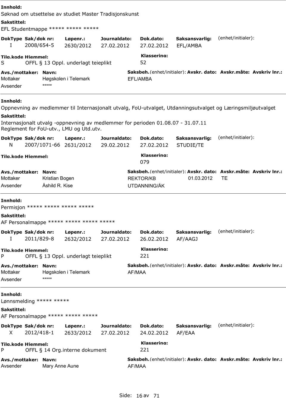 Kise TDANNNG/ÅK ermisjon ***** ***** ***** ***** AF ersonalmappe ***** ***** ***** ***** 2011/829-8 2632/2012 26.02.