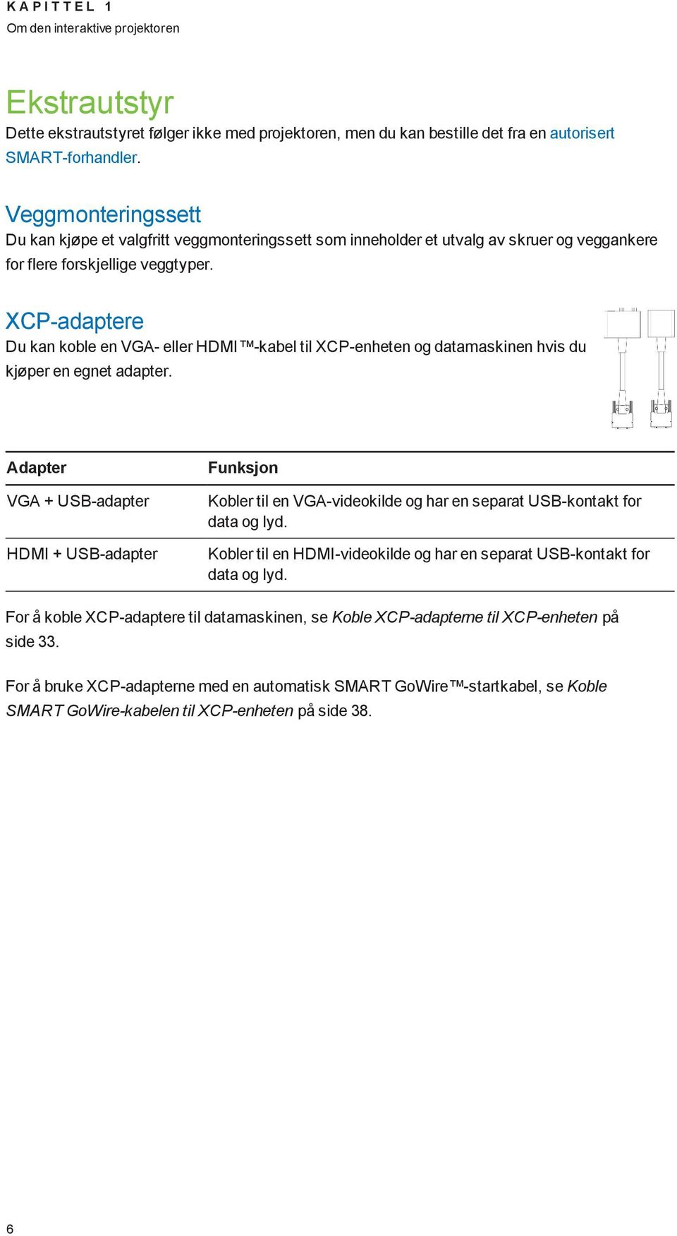 XCP-adaptere Du kan koble en VGA- eller HDMI -kabel til XCP-enheten og datamaskinen hvis du kjøper en egnet adapter.