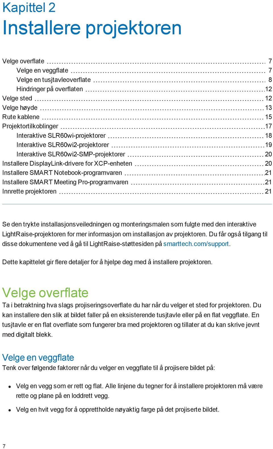 Notebook-programvaren 21 Installere SMART Meeting Pro-programvaren 21 Innrette projektoren 21 Se den trykte installasjonsveiledningen og monteringsmalen som fulgte med den interaktive