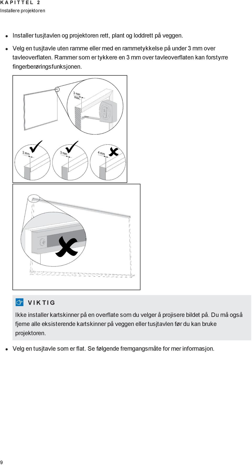 Rammer som er tykkere en 3 mm over tavleoverflaten kan forstyrre fingerberøringsfunksjonen.