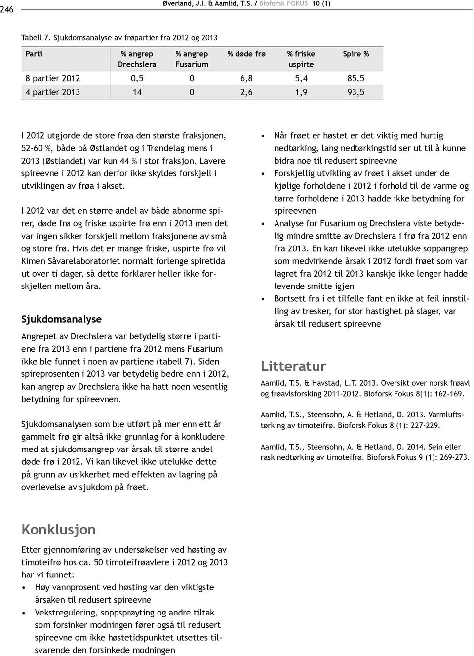 2012 utgjorde de store frøa den største fraksjonen, 52-60 %, både på Østlandet og i Trøndelag mens i 2013 (Østlandet) var kun 44 % i stor fraksjon.