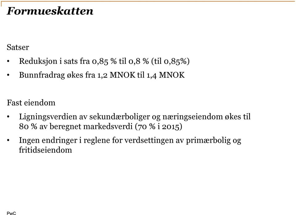 sekundærboliger og næringseiendom økes til 80 % av beregnet markedsverdi (70