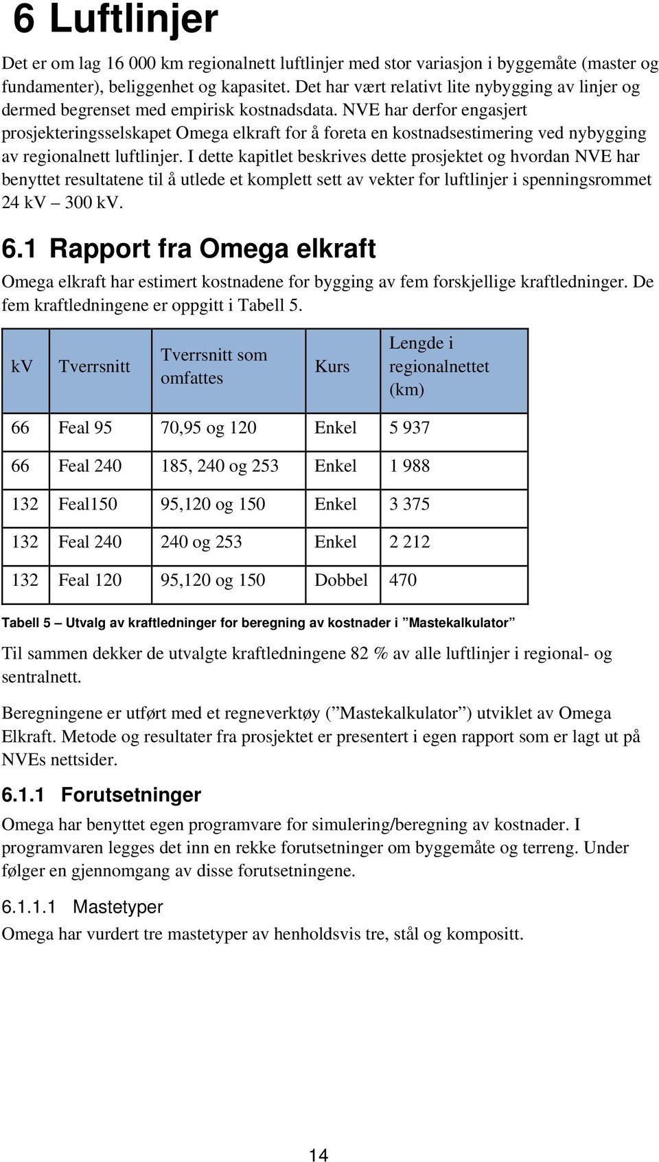 NVE har derfor engasjert prosjekteringsselskapet Omega elkraft for å foreta en kostnadsestimering ved nybygging av regionalnett luftlinjer.