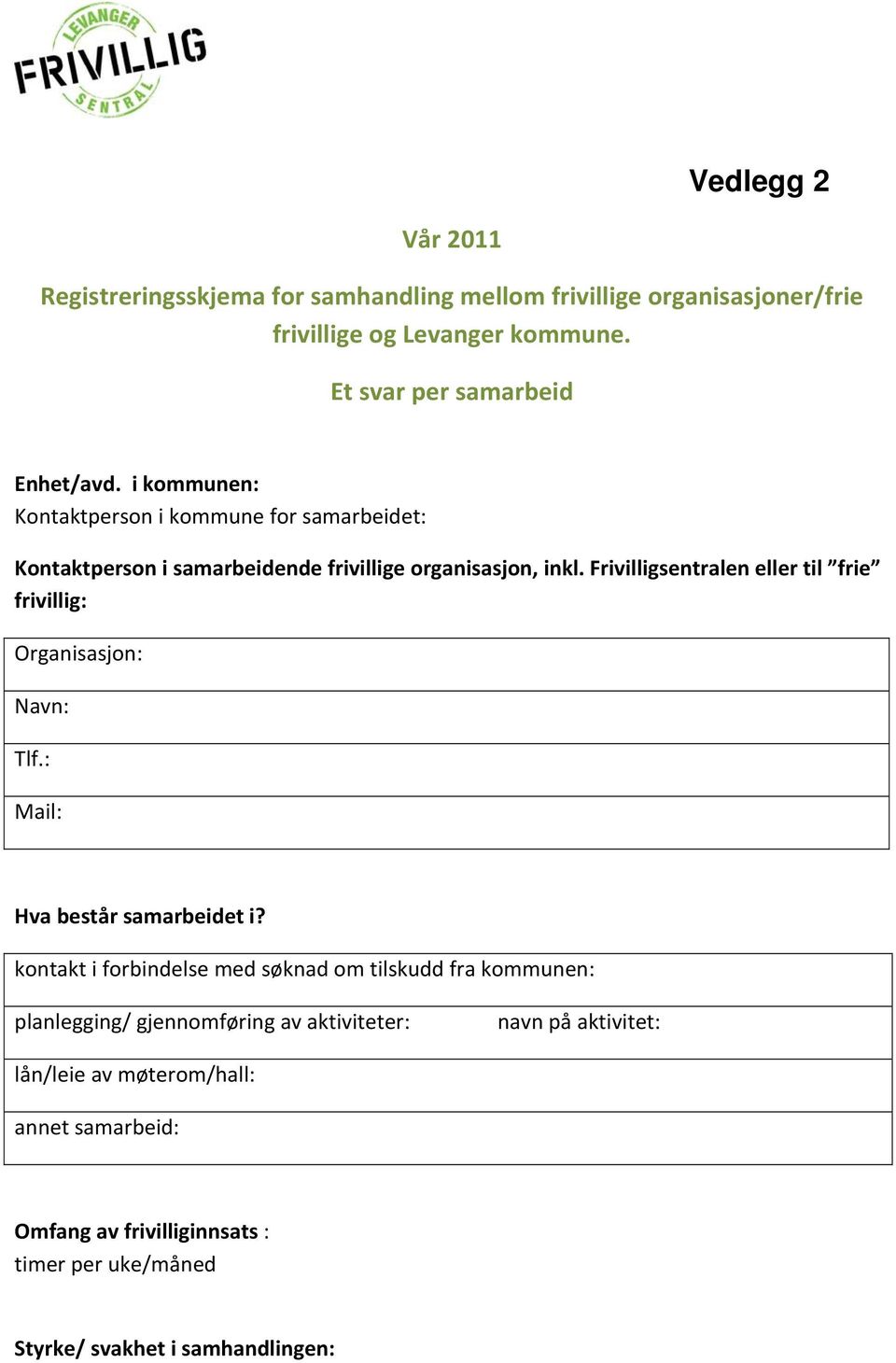 Frivilligsentralen eller til frie frivillig: Organisasjon: Navn: Tlf.: Mail: Hva består samarbeidet i?