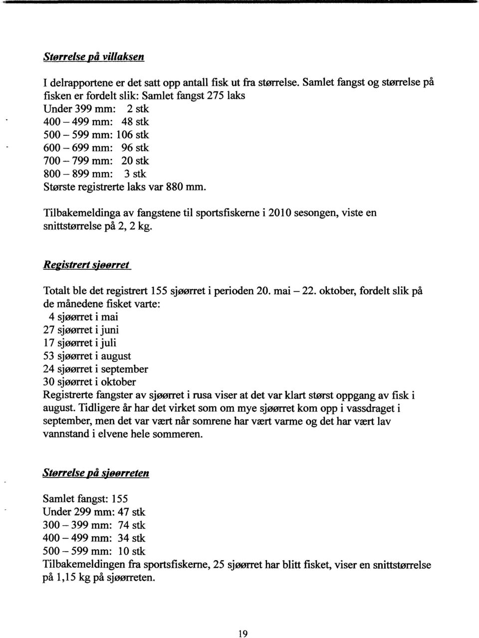 registrerte laks var 880 mm. Tilbakemeldinga av fangstene til sportsfiskerne i 2010 sesongen, viste en snittstørrelse på 2, 2 kg.