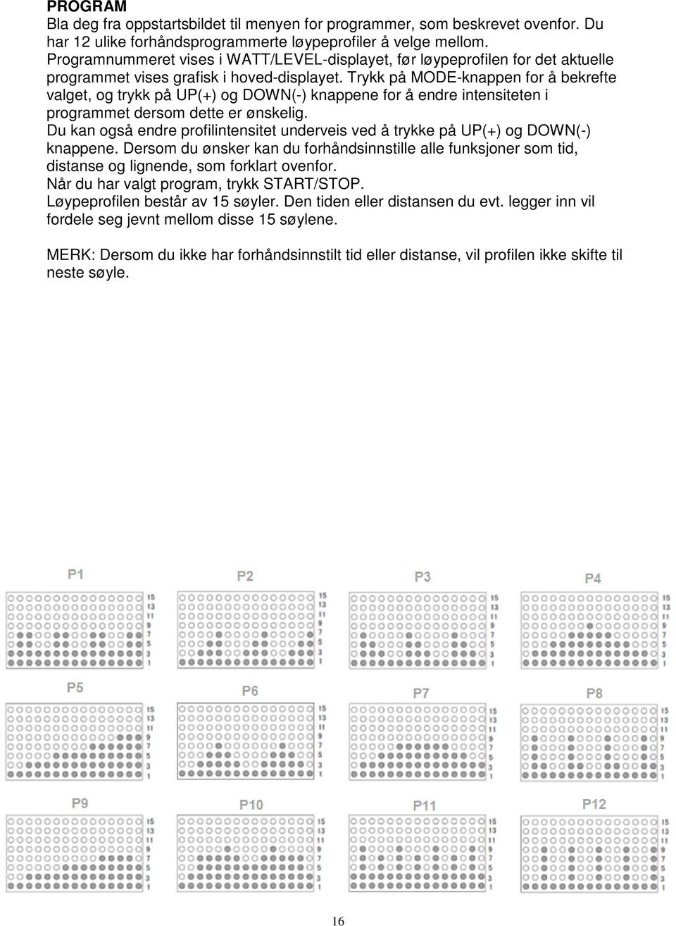 Trykk på MODE-knappen for å bekrefte valget, og trykk på UP(+) og DOWN(-) knappene for å endre intensiteten i programmet dersom dette er ønskelig.