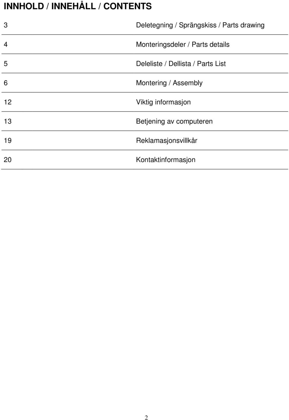 / Parts List 6 Montering / Assembly 12 Viktig informasjon 13