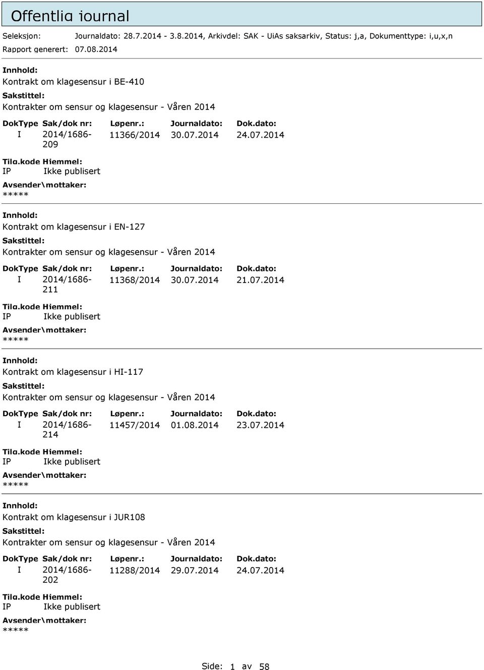 2014 IP Ikke publisert Kontrakt om klagesensur i EN-127 Kontrakter om sensur og klagesensur - Våren 2014 I Sak/dok nr: 2014/1686-211 Løpenr.: 11368/2014 21.07.