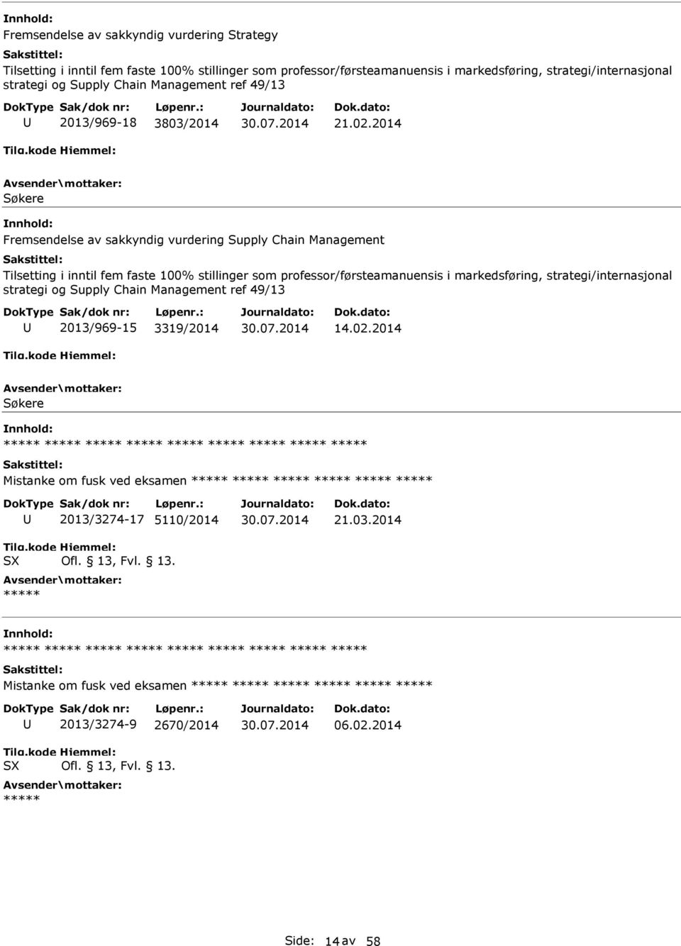 2014 Søkere Fremsendelse av sakkyndig vurdering Supply Chain Management Tilsetting i inntil fem faste 100% stillinger som professor/førsteamanuensis i