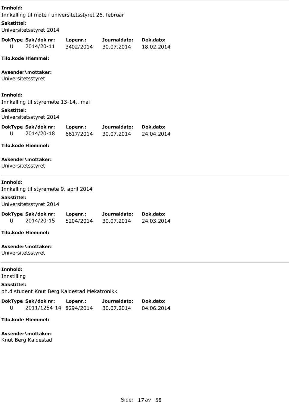 04.2014 niversitetsstyret Innkalling til styremøte 9. april 2014 niversitetsstyret 2014 2014/20-15 5204/2014 24.03.