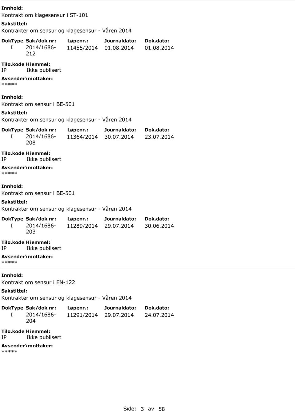 07.2014 IP Ikke publisert Kontrakt om sensur i BE-501 Kontrakter om sensur og klagesensur - Våren 2014 I Sak/dok nr: 2014/1686-203 Løpenr.: 11289/2014 30.06.