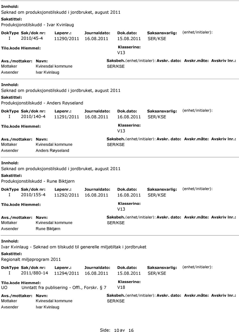 produksjonstilskudd i jordbruket, august 2011 roduksjonstilskudd - Rune Biktjørn 2010/155-4 11292/2011 V13 Rune Biktjørn var Kvinlaug - Søknad om