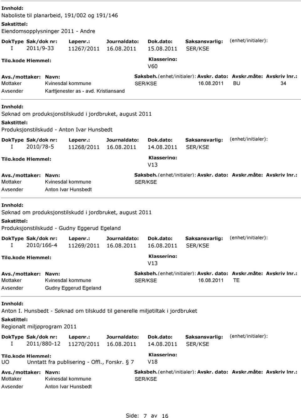 2011 V13 Anton var Hunsbedt Søknad om produksjonstilskudd i jordbruket, august 2011 roduksjonstilskudd - Gudny Eggerud Egeland 2010/166-4 11269/2011 V13 TE Gudny