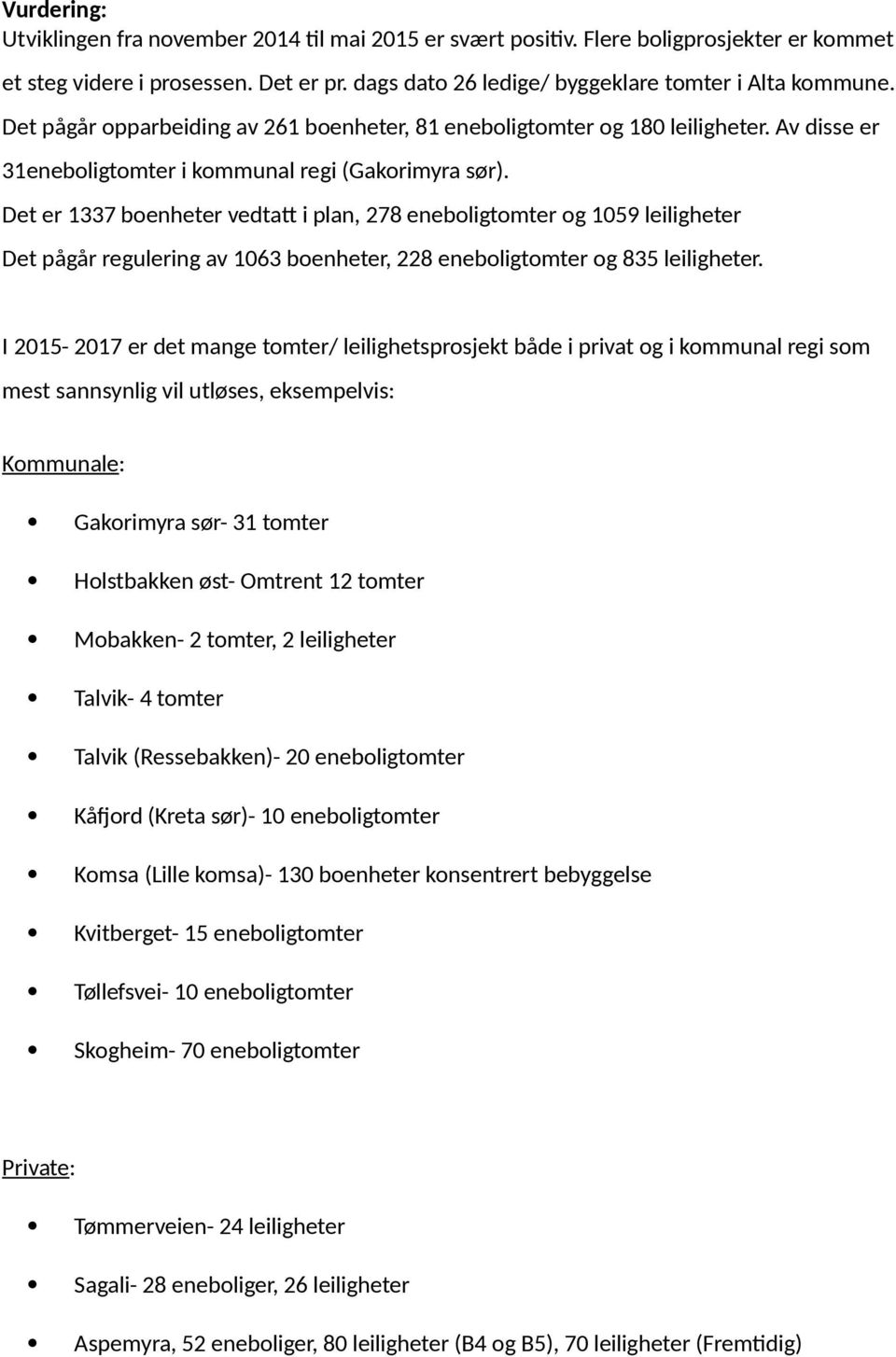 Det er 1337 boenheter vedtatt i plan, 278 eneboligtomter og 1059 leiligheter Det pågår regulering av 1063 boenheter, 228 eneboligtomter og 835 leiligheter.