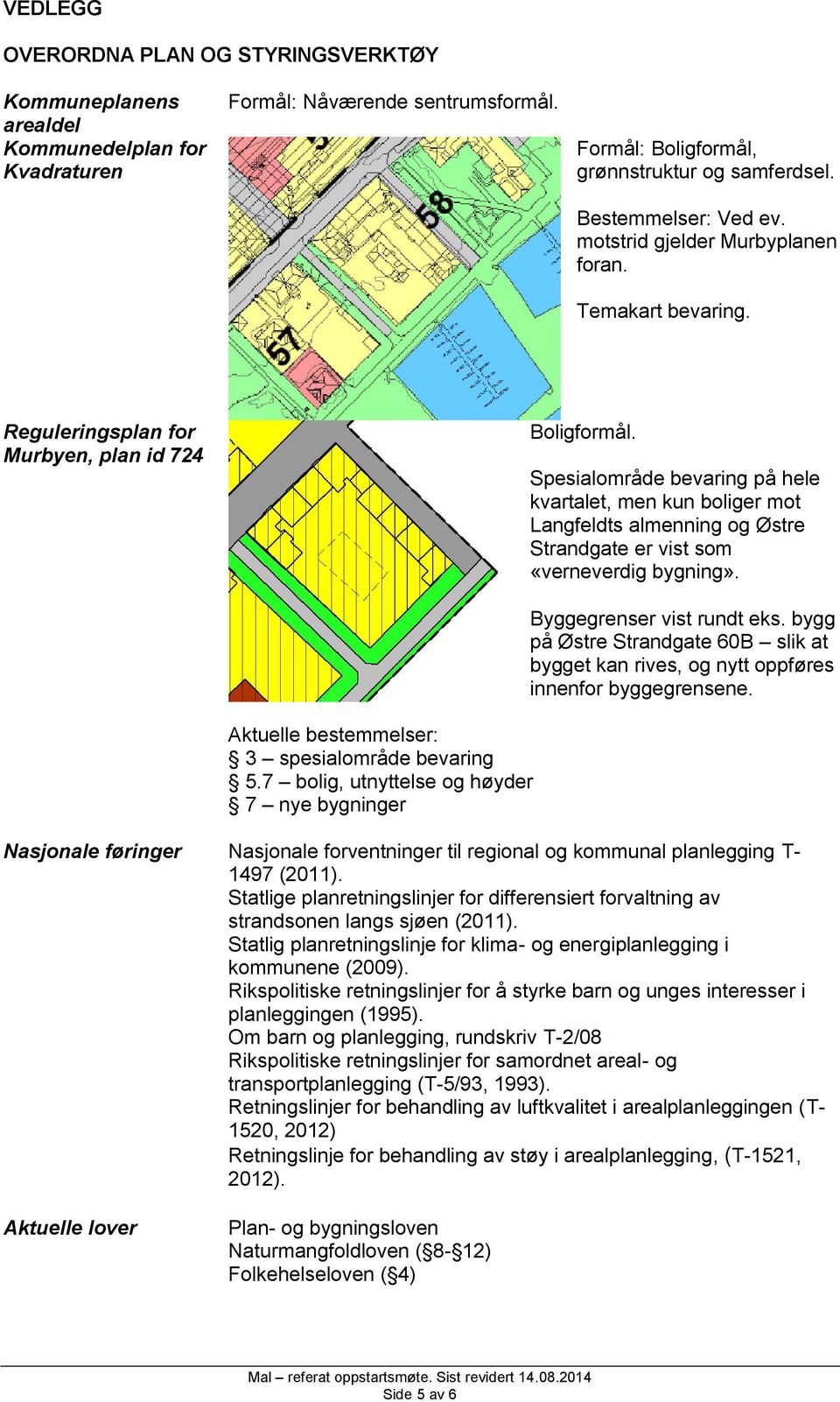 Spesialområde bevaring på hele kvartalet, men kun boliger mot Langfeldts almenning og Østre Strandgate er vist som «verneverdig bygning». Aktuelle bestemmelser: 3 spesialområde bevaring 5.