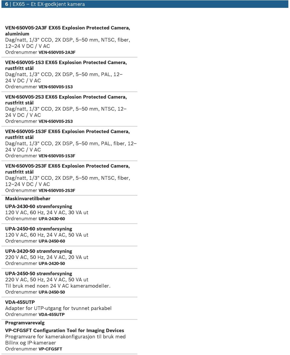 mm, NTSC, 12 Ordrenmmer VEN-650V05-2S3 VEN-650V05-1S3F EX65 Explosion Protected Camera, rstfritt stål Dag/natt, 1/3" CCD, 2X DSP, 5 50 mm, PAL, fiber, 12 Ordrenmmer VEN-650V05-1S3F VEN 650V05 2S3F