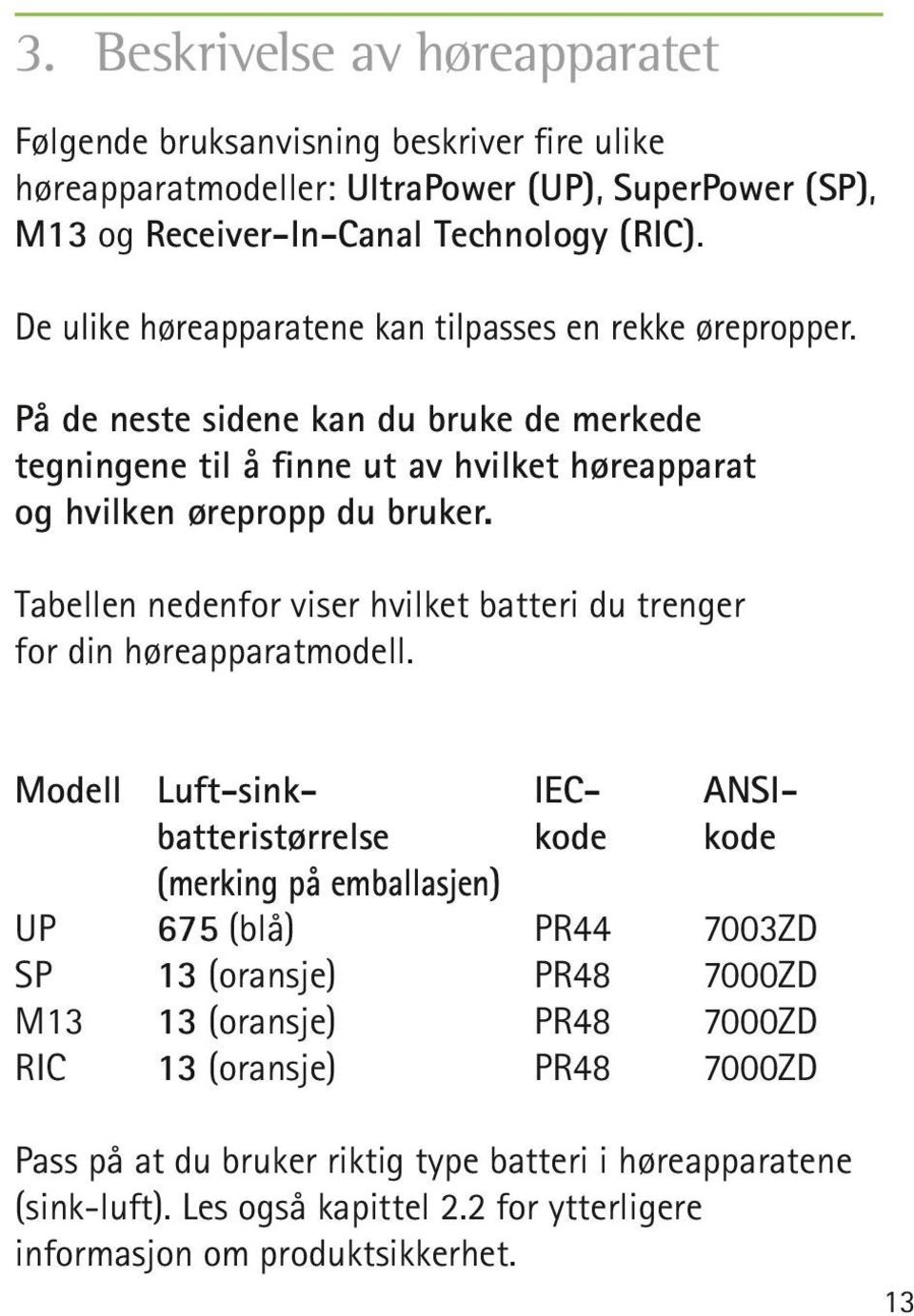 Tabellen nedenfor viser hvilket batteri du trenger for din høreapparatmodell.