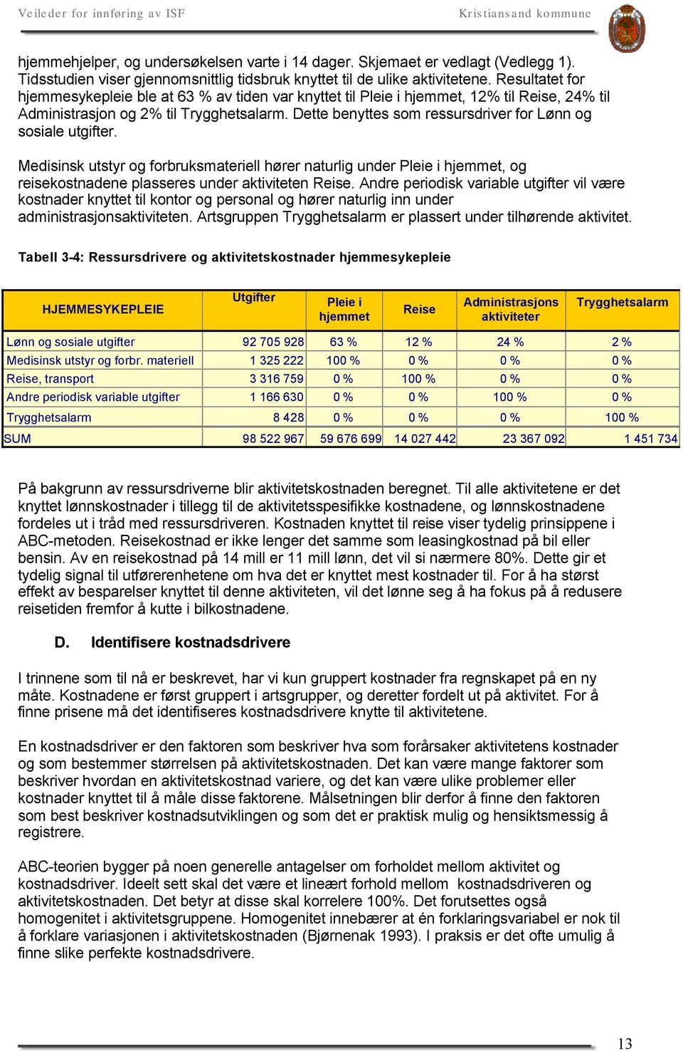 Dette benyttes som ressursdriver for Lønn og sosiale utgifter. Medisinsk utstyr og forbruksmateriell hører naturlig under Pleie i hjemmet, og reisekostnadene plasseres under aktiviteten Reise.