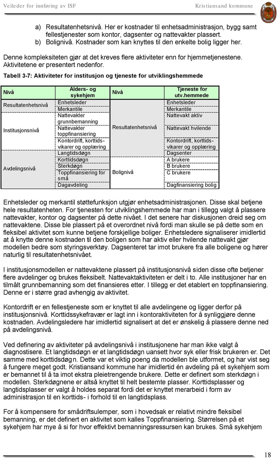 Tabell 3-7: Aktiviteter for institusjon og tjeneste for utviklingshemmede Nivå Resultatenhetsnivå Institusjonsnivå Avdelingsnivå Alders- og sykehjem Enhetsleder Merkantile Nattevakter grunnbemanning