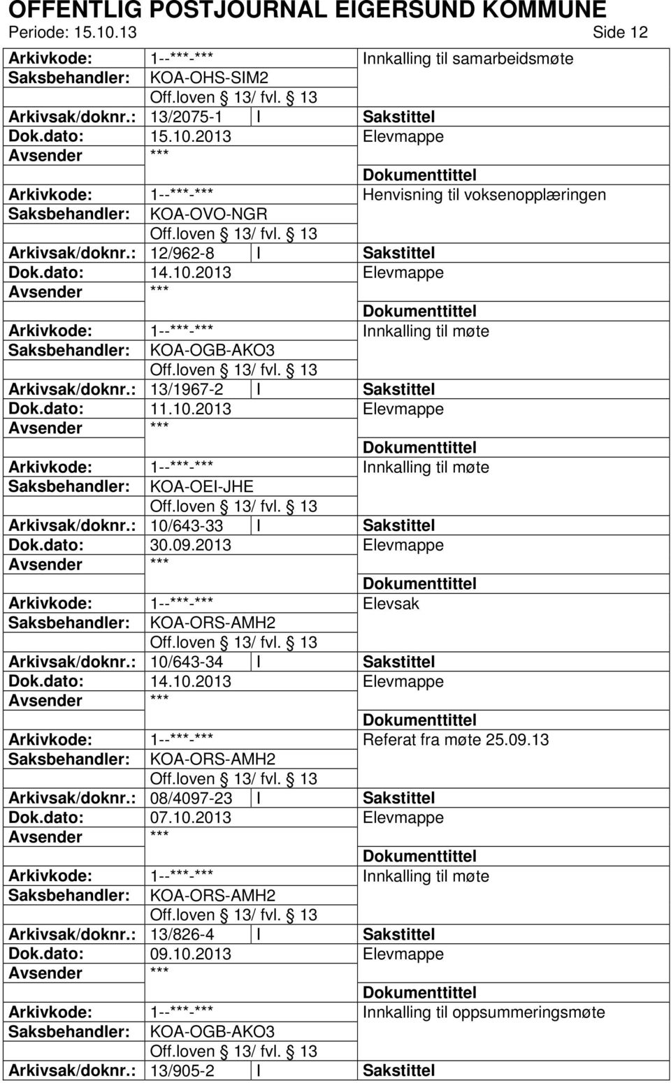 : 10/643-33 I Sakstittel Dok.dato: 30.09.2013 Elevsak KOA-ORS-AMH2 Arkivsak/doknr.: 10/643-34 I Sakstittel Referat fra møte 25.09.13 KOA-ORS-AMH2 Arkivsak/doknr.