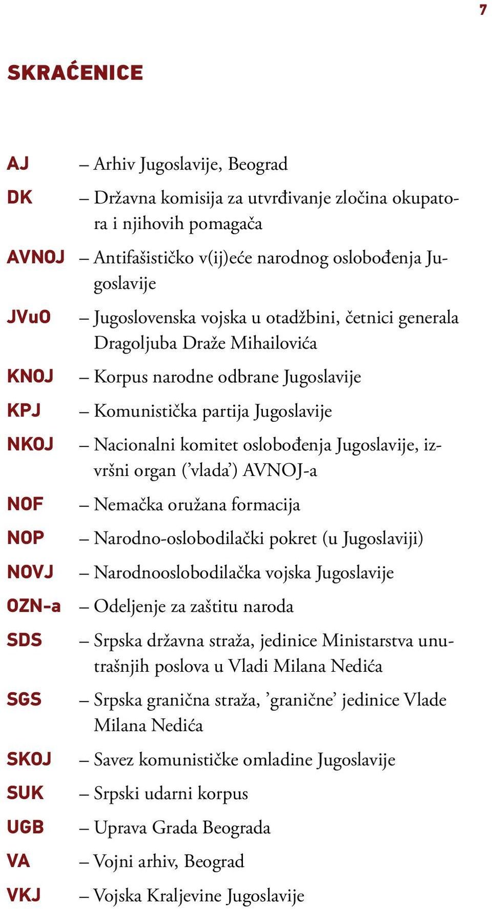 Nacionalni komitet oslobođenja Jugoslavije, izvršni organ ( vlada ) AVNOJ-a Nemačka oružana formacija Narodno-oslobodilački pokret (u Jugoslaviji) Narodnooslobodilačka vojska Jugoslavije Odeljenje za