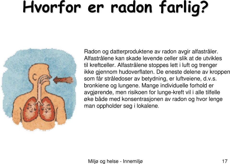 Alfastrålene stoppes lett i luft og trenger ikke gjennom hudoverflaten.