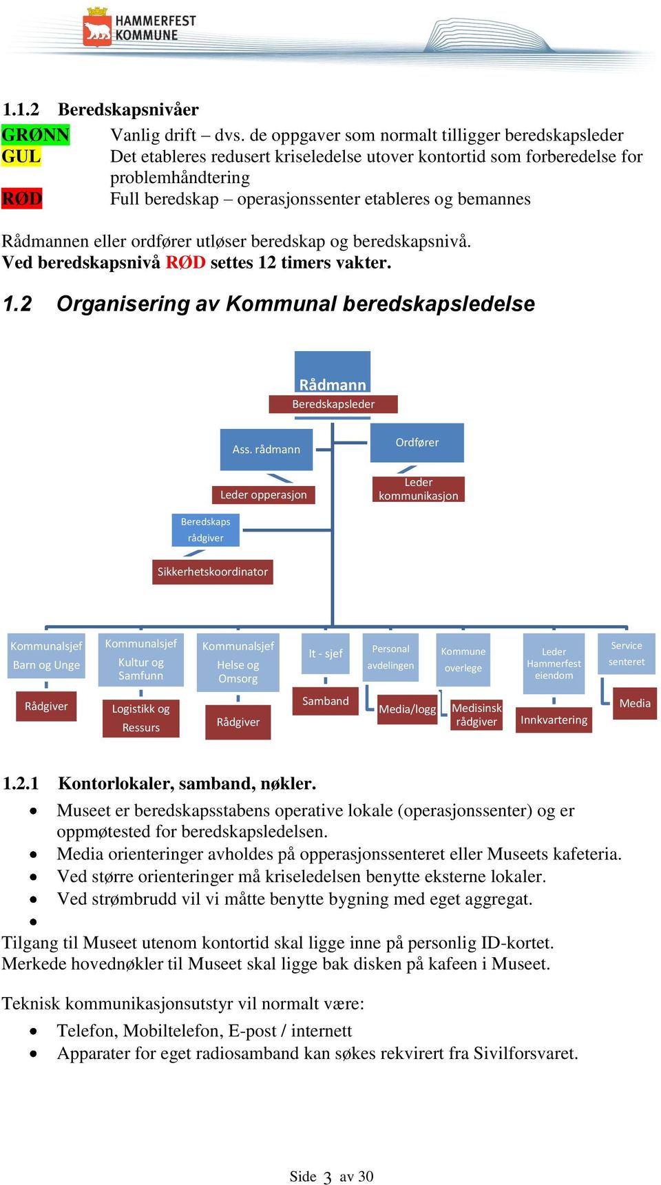 bemannes Rådmannen eller ordfører utløser beredskap og beredskapsnivå. Ved beredskapsnivå RØD settes 12 timers vakter. 1.2 Organisering av Kommunal beredskapsledelse Rådmann Beredskapsleder Ass.