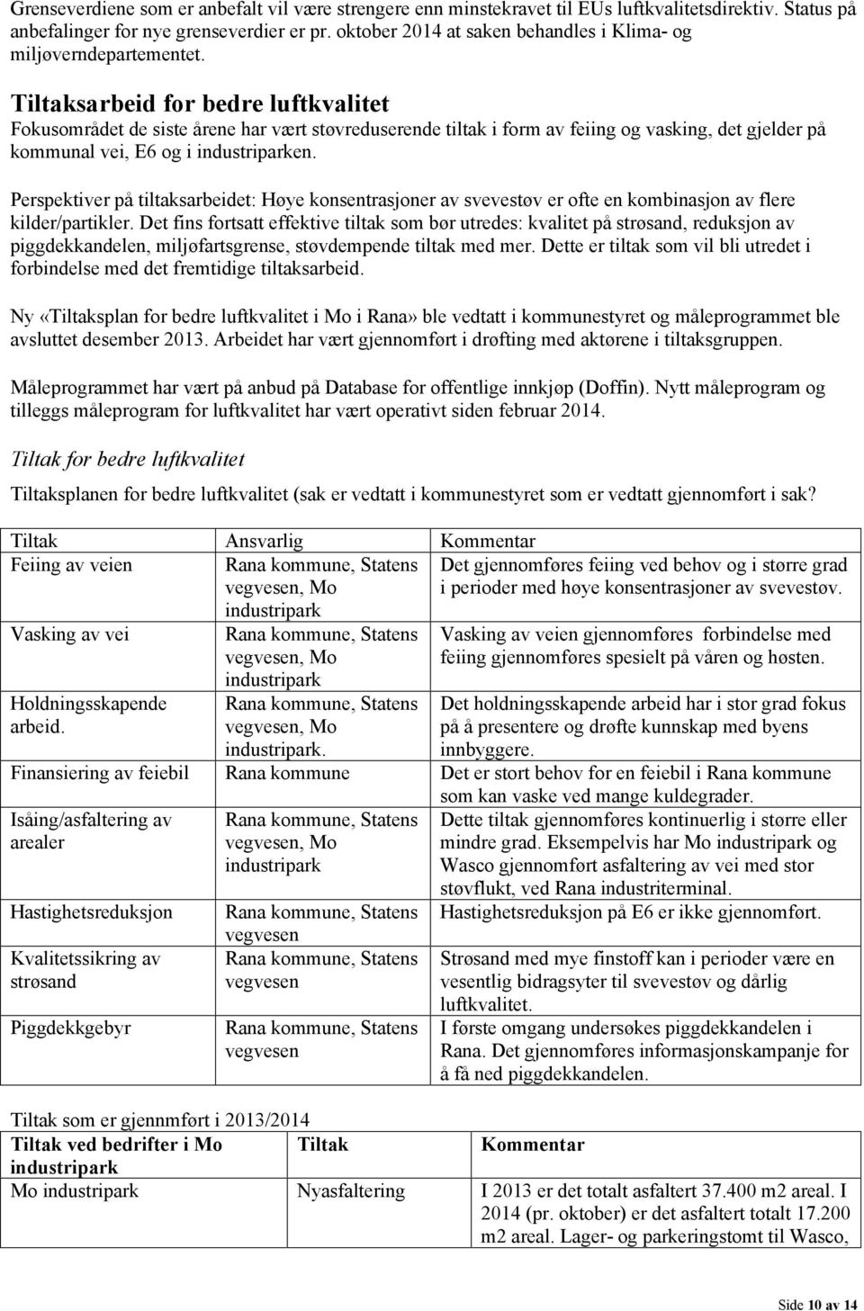 Tiltaksarbeid for bedre luftkvalitet Fokusområdet de siste årene har vært støvreduserende tiltak i form av feiing og vasking, det gjelder på kommunal vei, E6 og i industriparken.