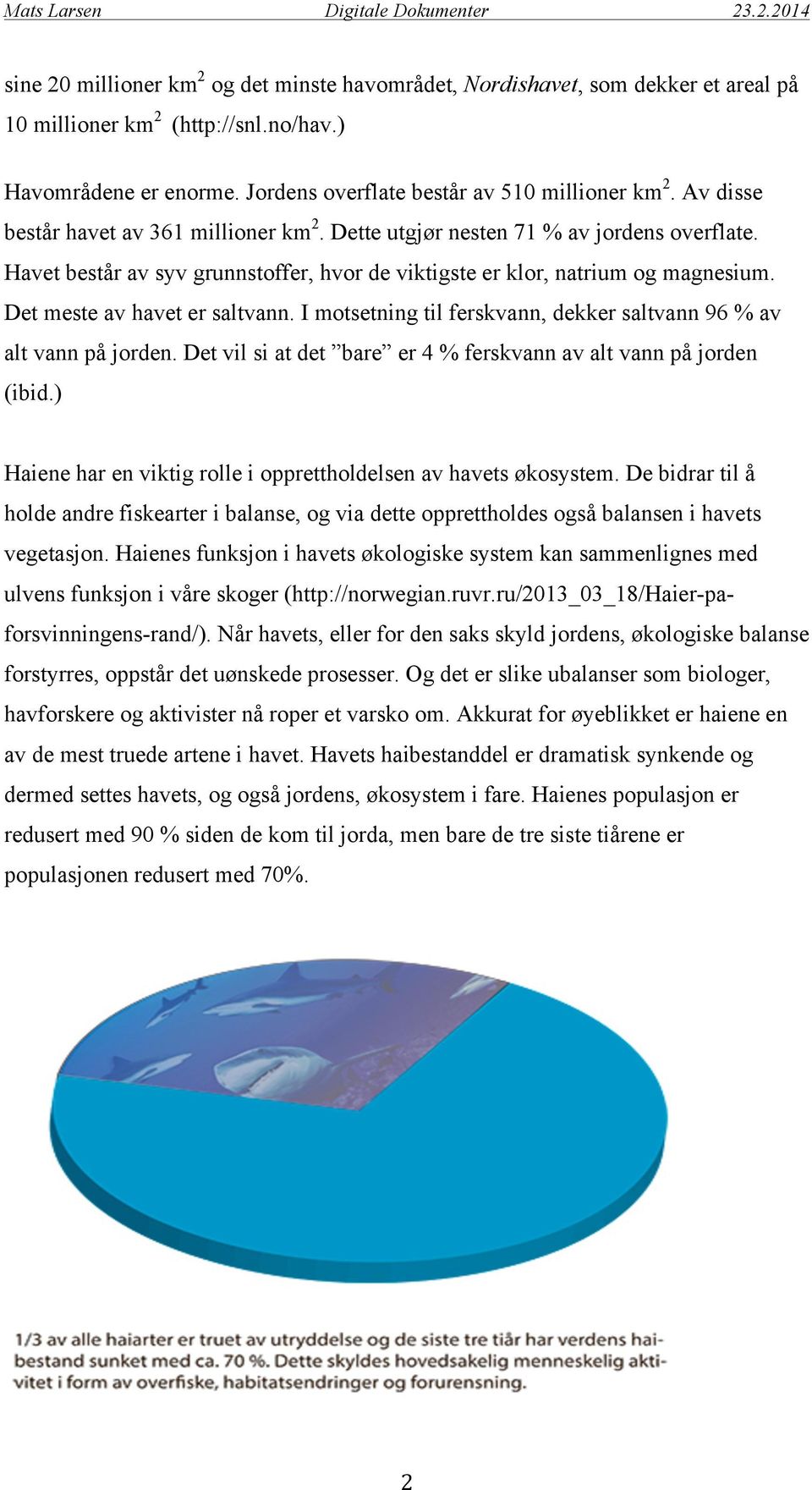 Havet består av syv grunnstoffer, hvor de viktigste er klor, natrium og magnesium. Det meste av havet er saltvann. I motsetning til ferskvann, dekker saltvann 96 % av alt vann på jorden.