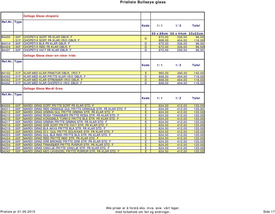 F D 672,00 336,00 96,00 4437-30F HOPSTIX HVIT PÅ KLAR DLR. F D 672,00 336,00 96,00 ollage Glass clear-on-clear irids Ref.Nr. Type Kode 1/1 1/2 Tafel 4102-31F KLAR MED KLAR FRAKTUR DLR.