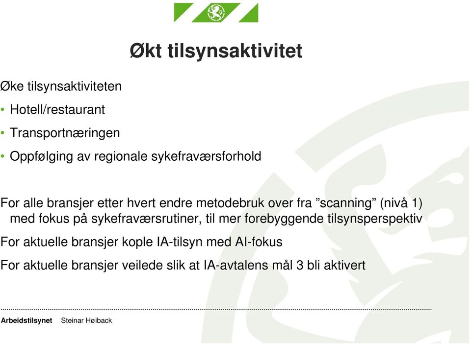 (nivå 1) med fokus på sykefraværsrutiner, til mer forebyggende tilsynsperspektiv For aktuelle