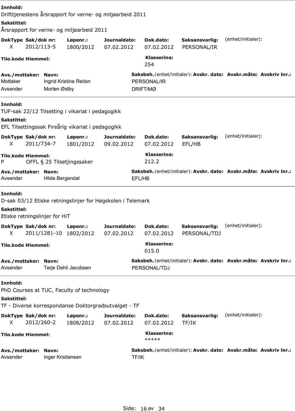 : ERSOAL/IR DRIFT/MØ TUF-sak 22/12 Tilsetting i vikariat i pedagogikk EFL Tilsettingssak Fireårig vikariat i pedagogikk 2011/734-7 1801/2012 OFFL 25 Tilsetjingssaker 212.