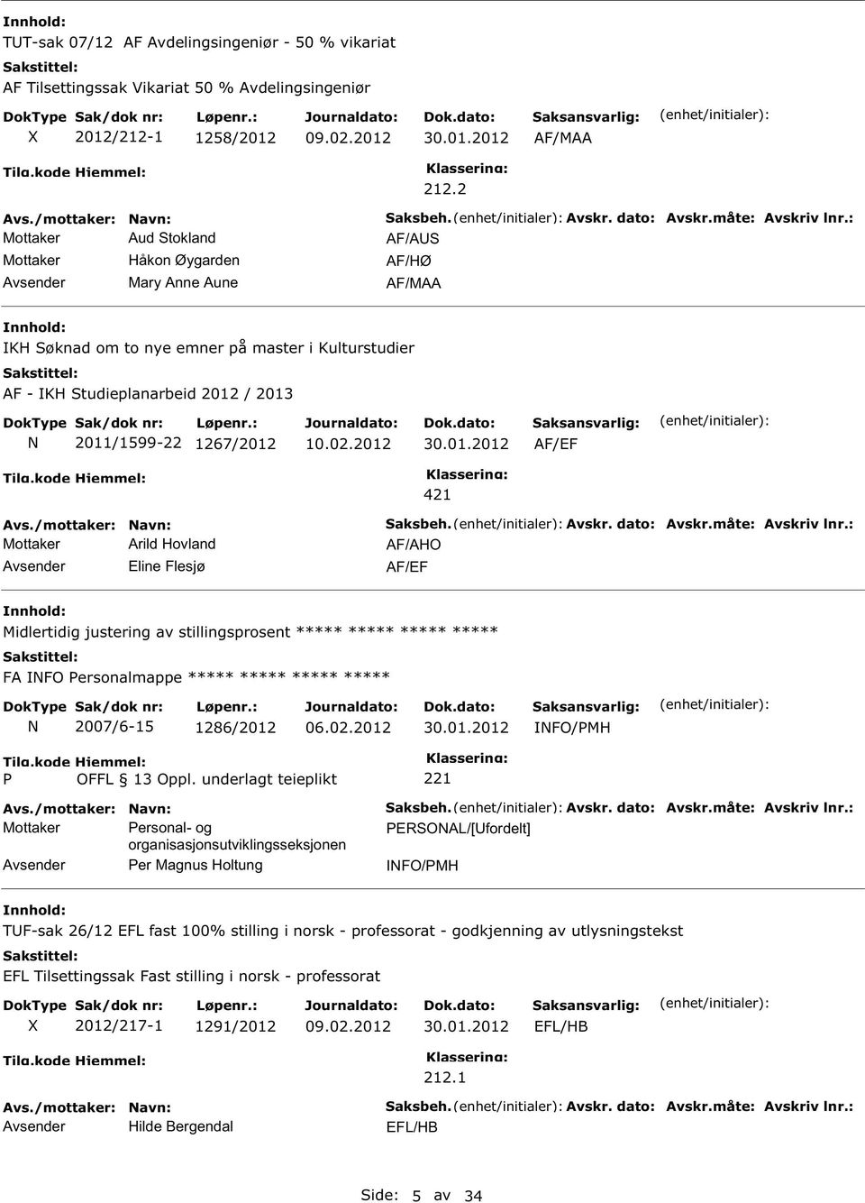 : AF/AUS AF/HØ AF/MAA IKH Søknad om to nye emner på master i Kulturstudier AF - IKH Studieplanarbeid 2012 / 2013 2011/1599-22 1267/2012 30.01.2012 AF/EF Mottaker Arild Hovland Avsender Eline Flesjø 421 Saksbeh.