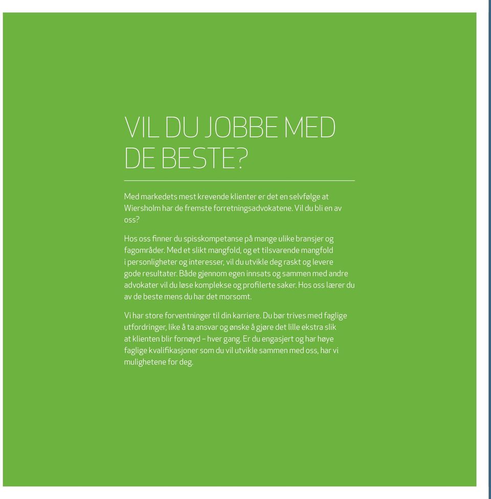 Med et slikt mangfold, og et tilsvarende mangfold i personligheter og interesser, vil du utvikle deg raskt og levere gode resultater.