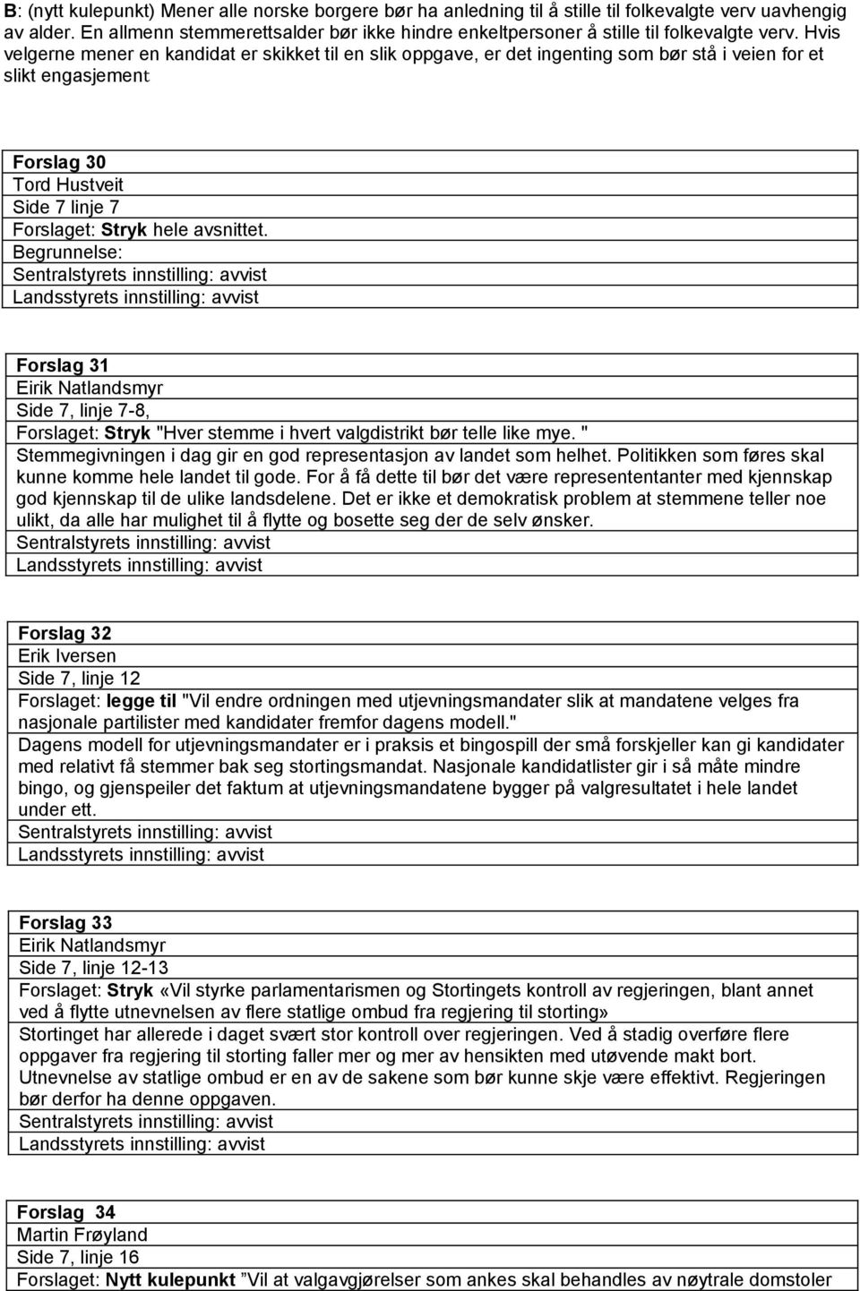 Hvis velgerne mener en kandidat er skikket til en slik oppgave, er det ingenting som bør stå i veien for et slikt engasjement Forslag 30 Tord Hustveit Side 7 linje 7 Forslaget: Stryk hele avsnittet.