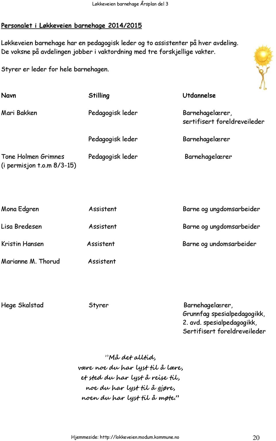 Navn Stilling Utdannelse Mari Bakken Pedagog