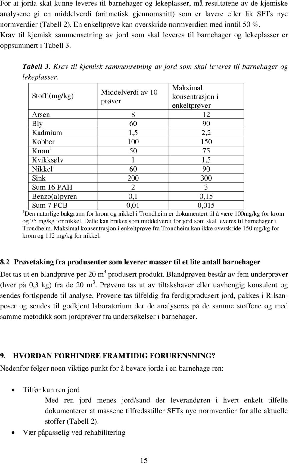 Tabell 3. Krav til kjemisk sammensetning av jord som skal leveres til barnehager og lekeplasser.