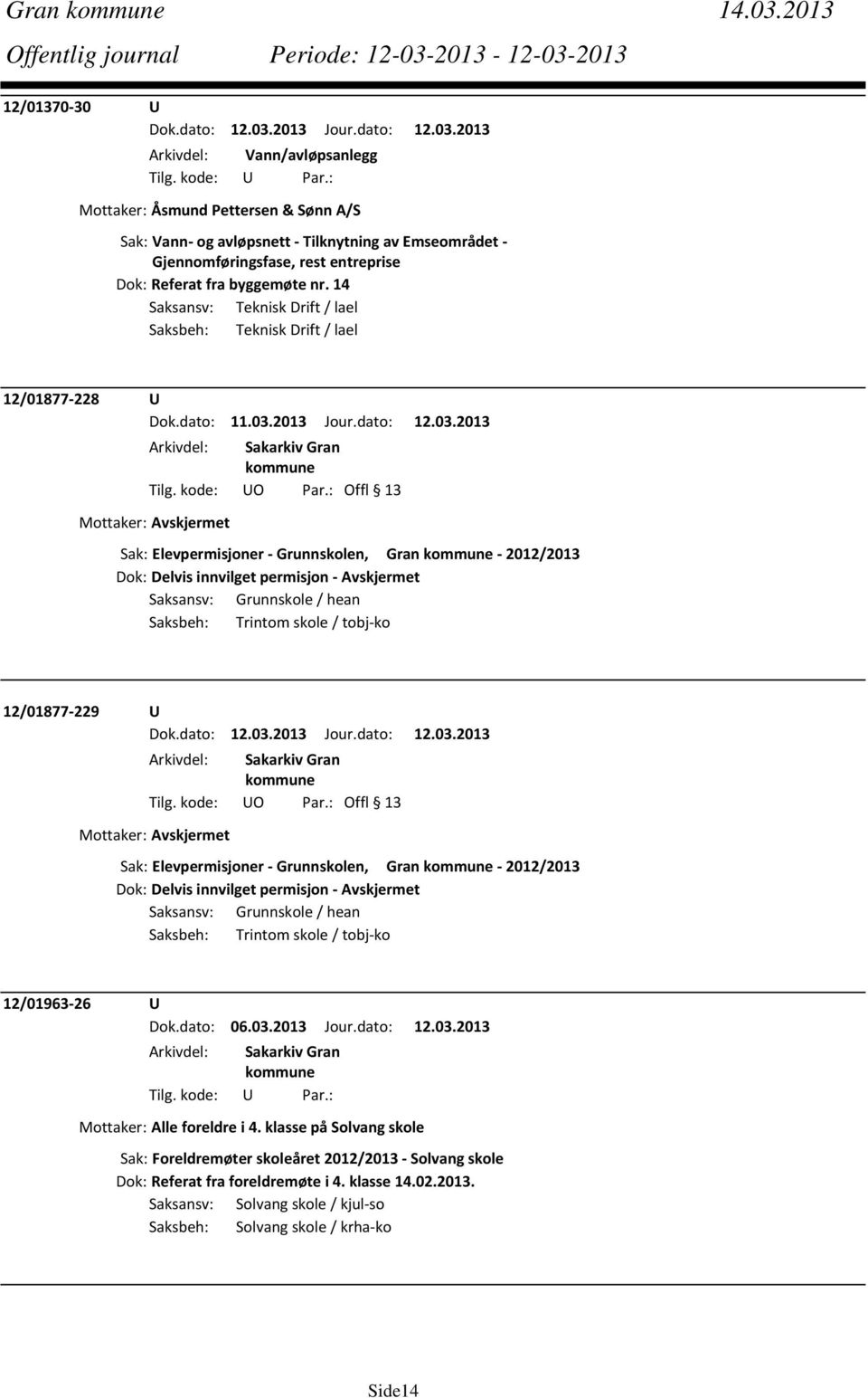 nr. 14 Saksansv: Teknisk Drift / lael Saksbeh: Teknisk Drift / lael 12/01877 228 U Tilg. kode: UO Par.