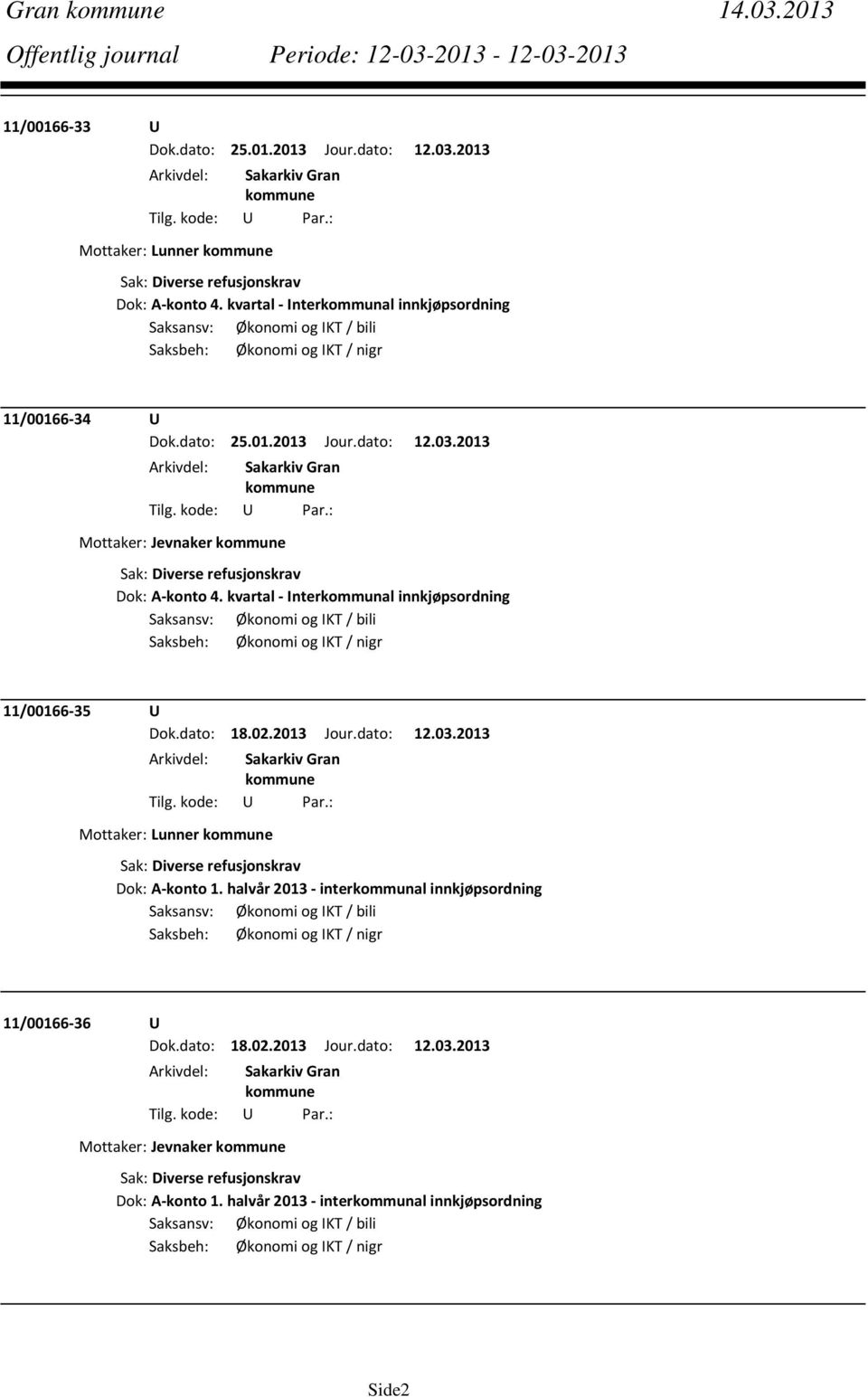 2013 Mottaker: Jevnaker Sak: Diverse refusjonskrav Dok: A konto 4. kvartal Interkommunal innkjøpsordning Saksansv: Økonomi og IKT / bili Saksbeh: Økonomi og IKT / nigr 11/00166 35 U Dok.dato: 18.02.